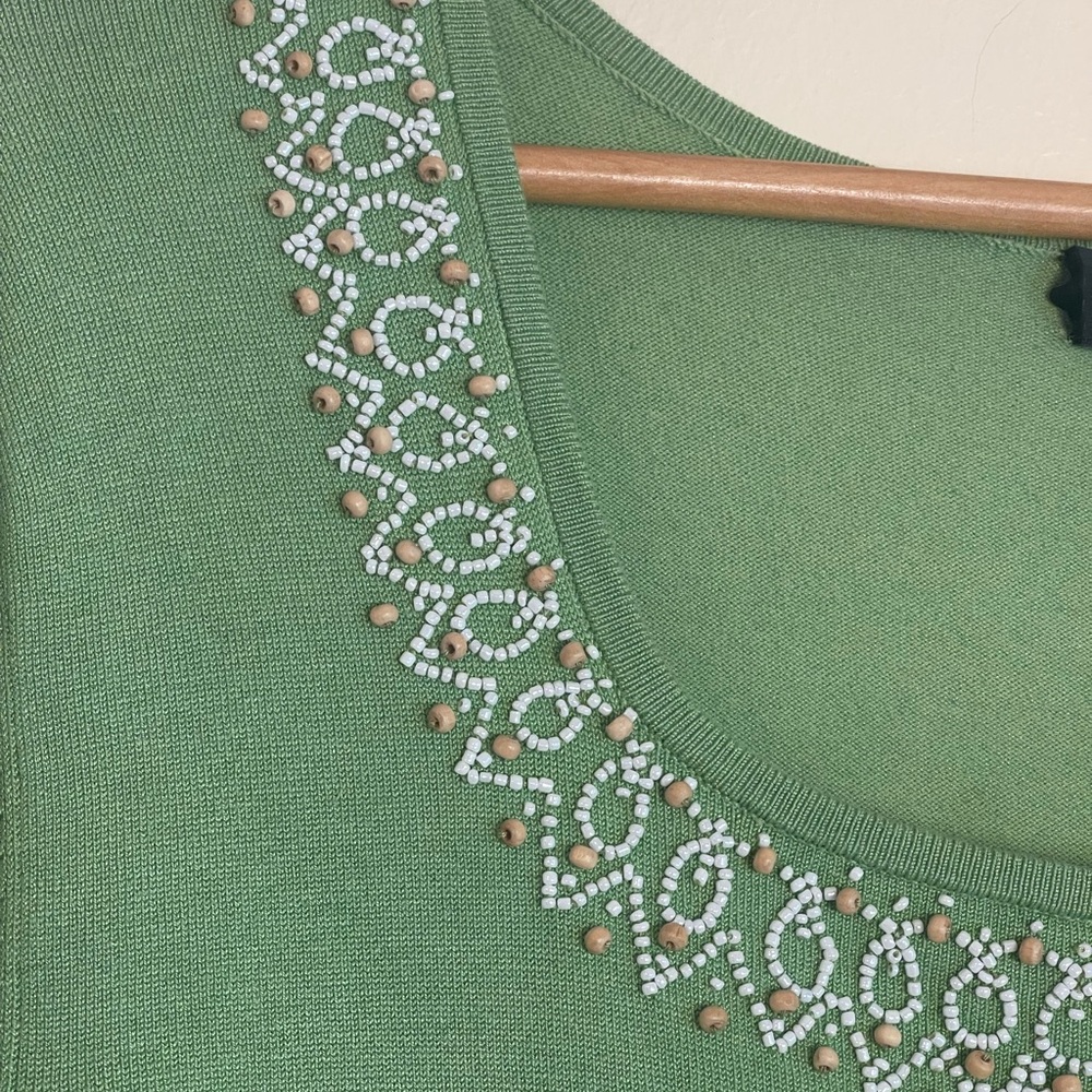 Silk Blend Beaded Knit Sweater XL Mint Green 3/4 Sleeve Quiet Luxury Coastal Top - Picture 3 of 11